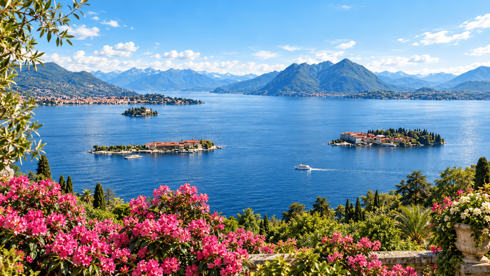 Panorama del Lago Maggiore tra isole, montagne e giardini fioriti