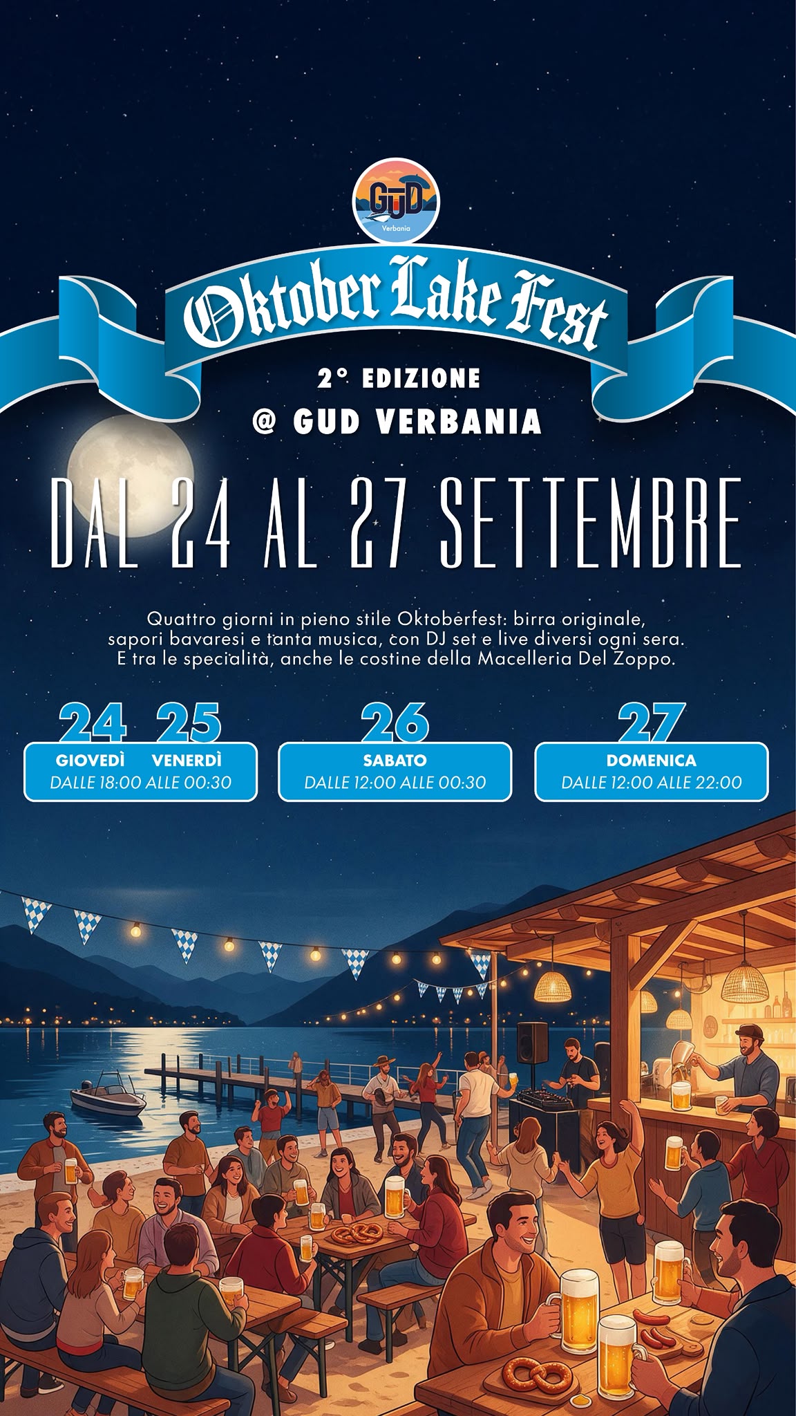 Locandina Oktober Lake Fest 2026 con date, orari di apertura e specialità gastronomiche al GUD Verbania