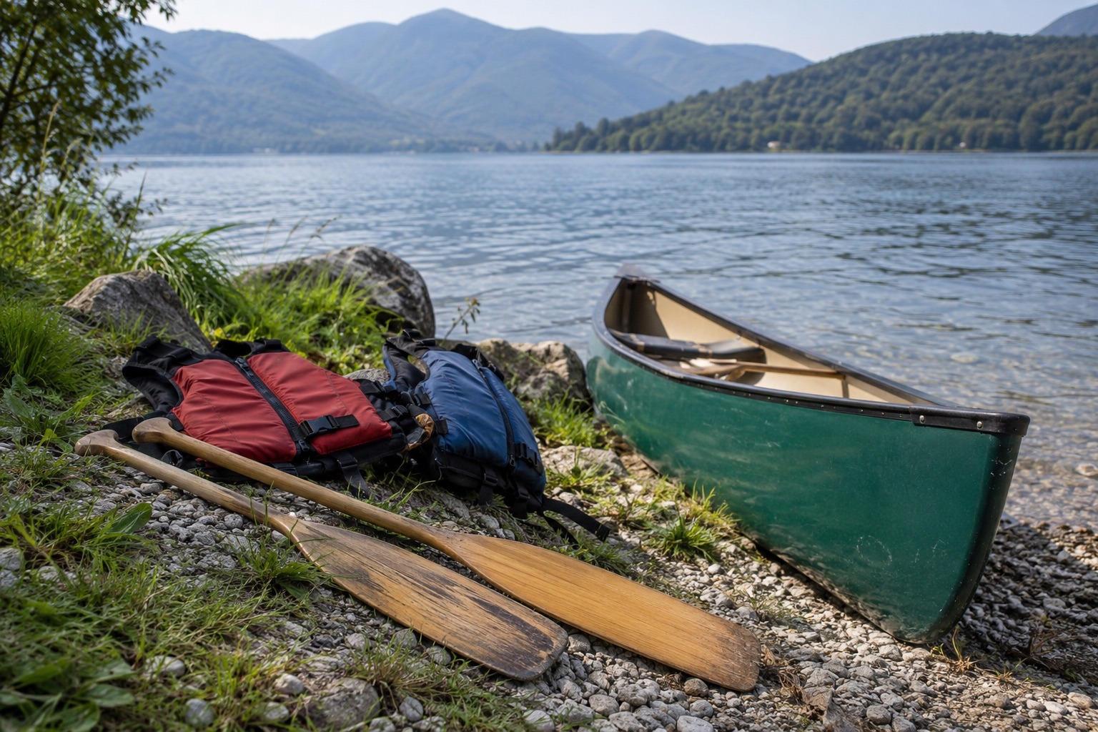 Canoa, pagaie e giubbotti sulla riva di un lago